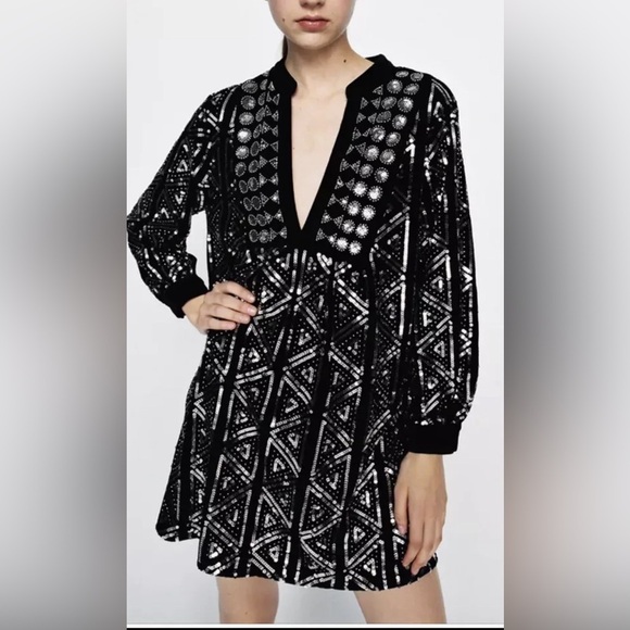 Zara Dresses & Skirts - NWOT Zara Black Velvet Dress With Silver Sequins Size L Holiday/Festive